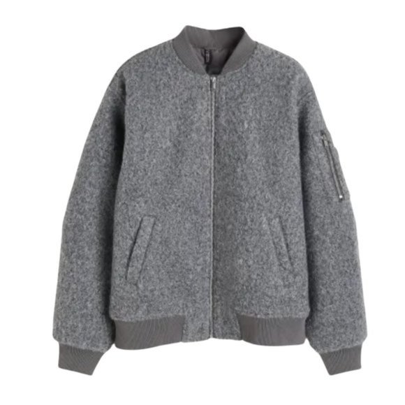 H&M boucle wool grey bomber coat jacket S - Picture 2 of 8
